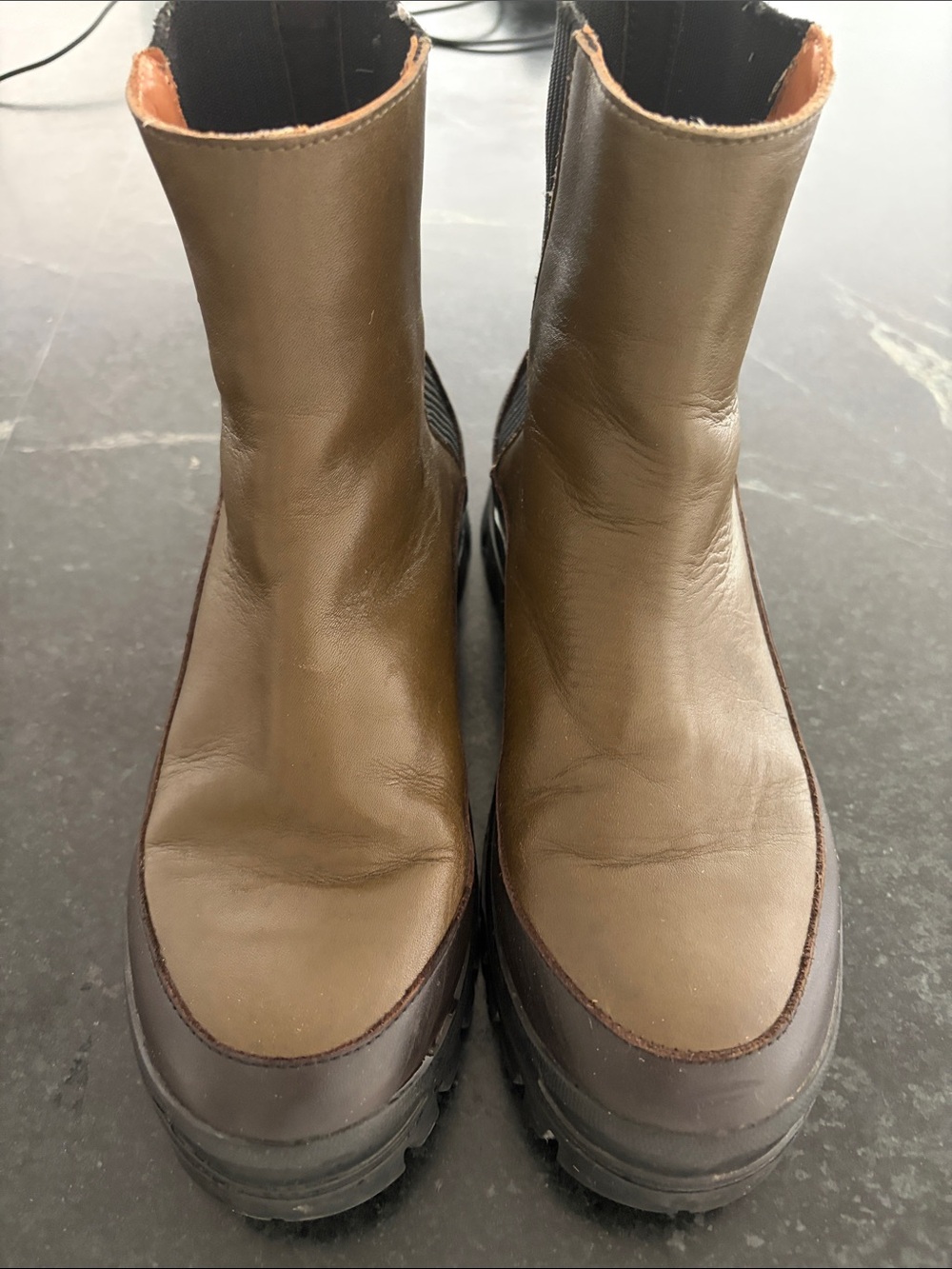 Rejina Pyo Olive and Dark Brown Leather Lug Sole Ankle Boots